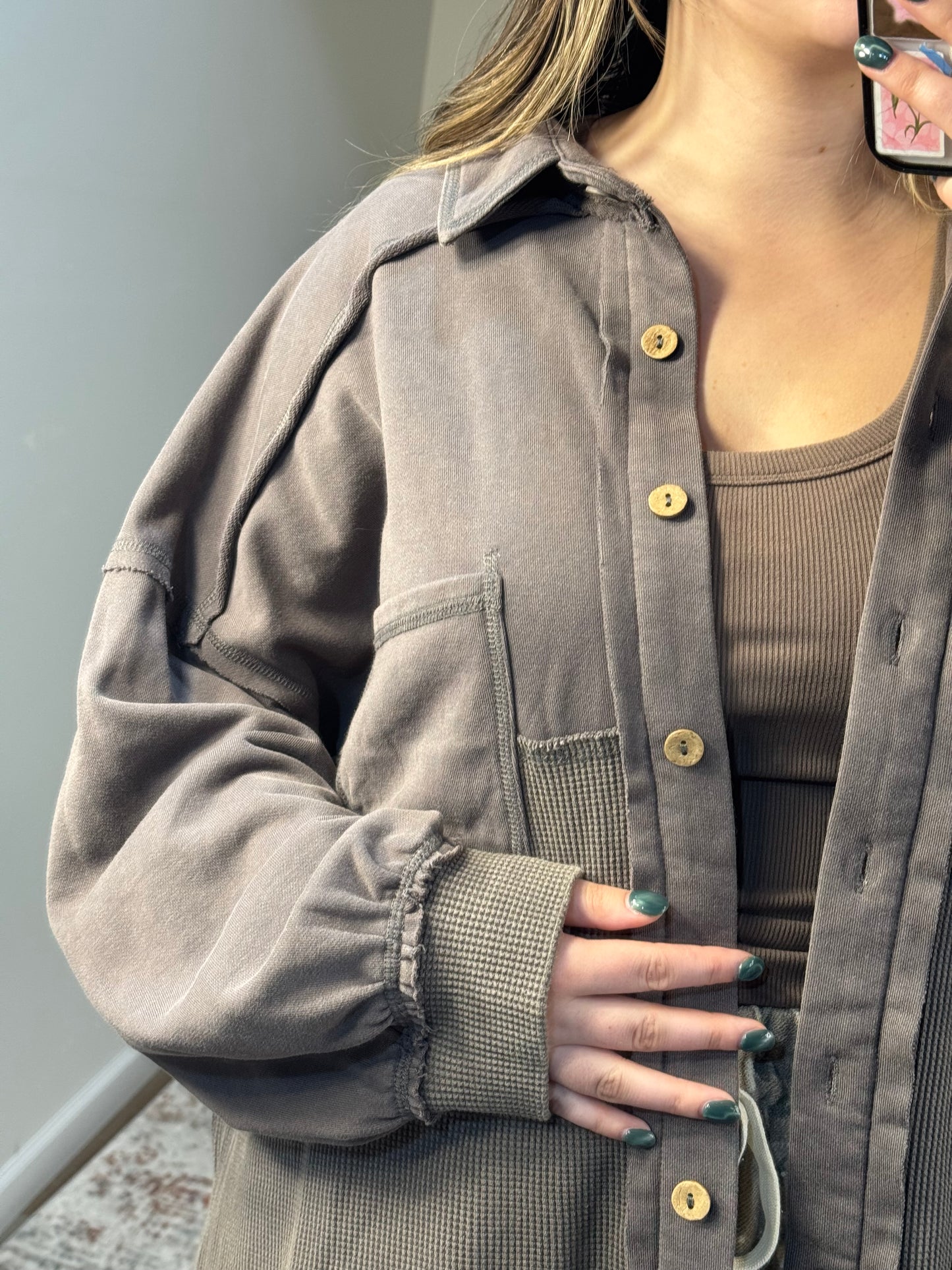 Judie Acid Wash Mixed Media Shacket