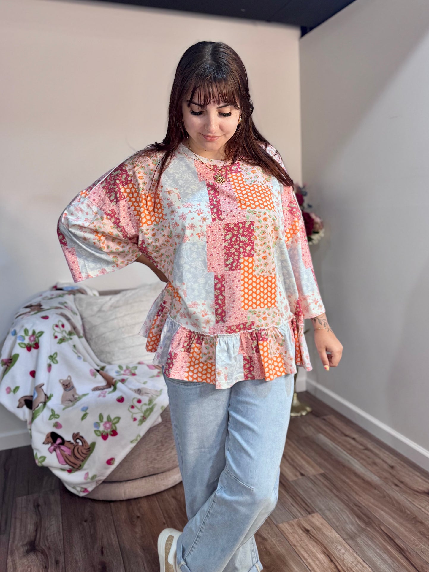 patchwork pattern easel cotton peplum top