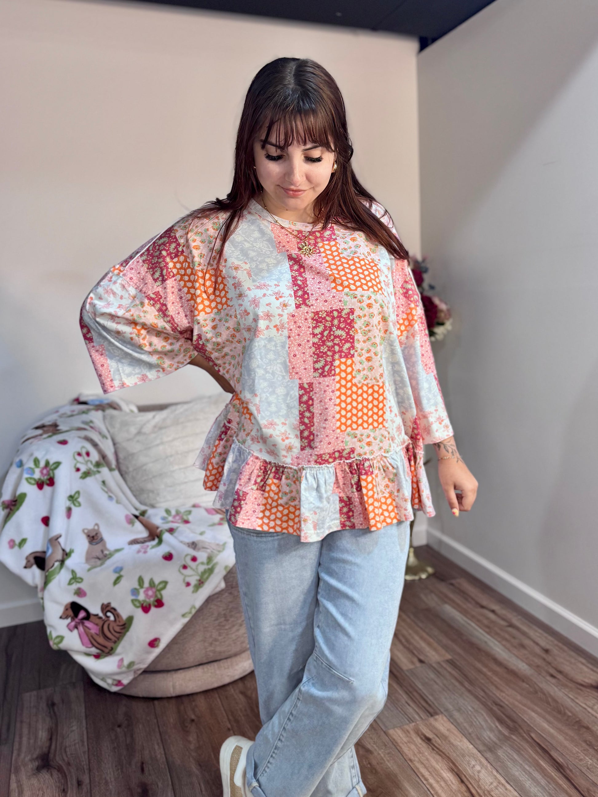 patchwork pattern easel cotton peplum top