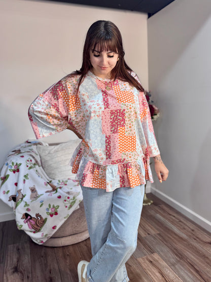 patchwork pattern easel cotton peplum top