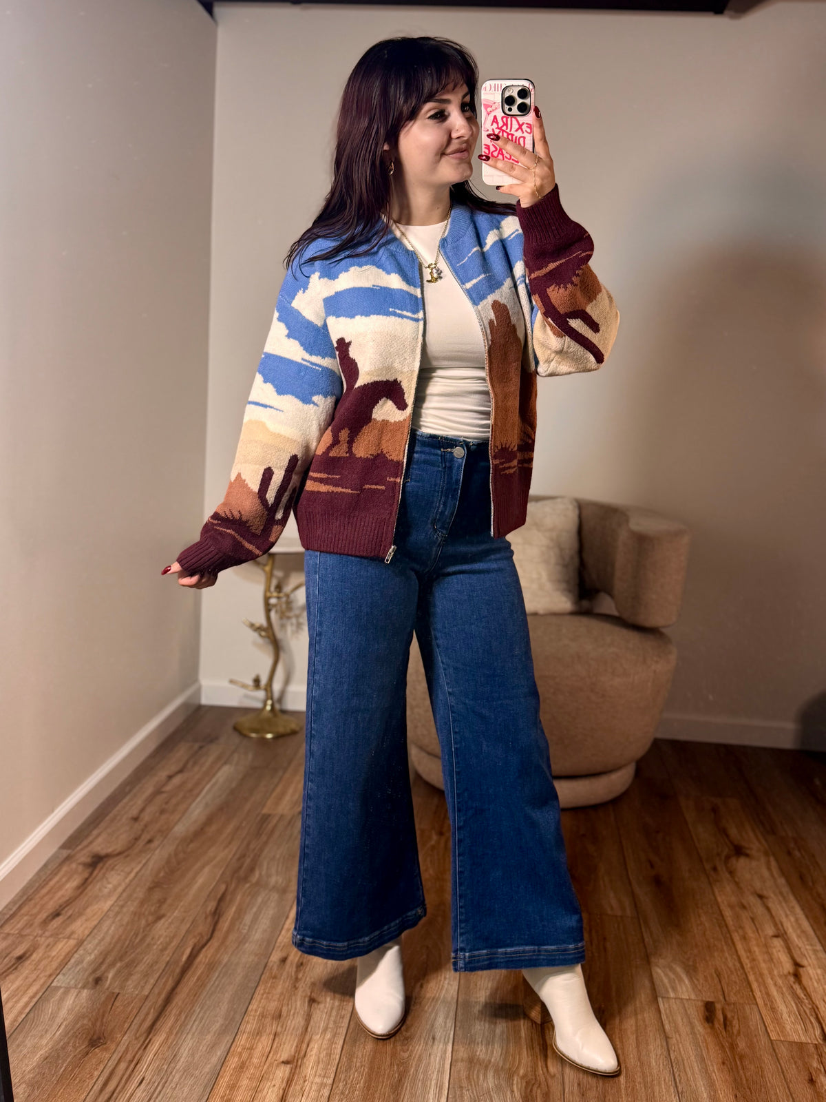 Sienna Desert Jacquard Bomber Sweater, Multi-Color