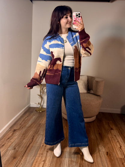 Sienna Desert Jacquard Bomber Sweater, Multi-Color