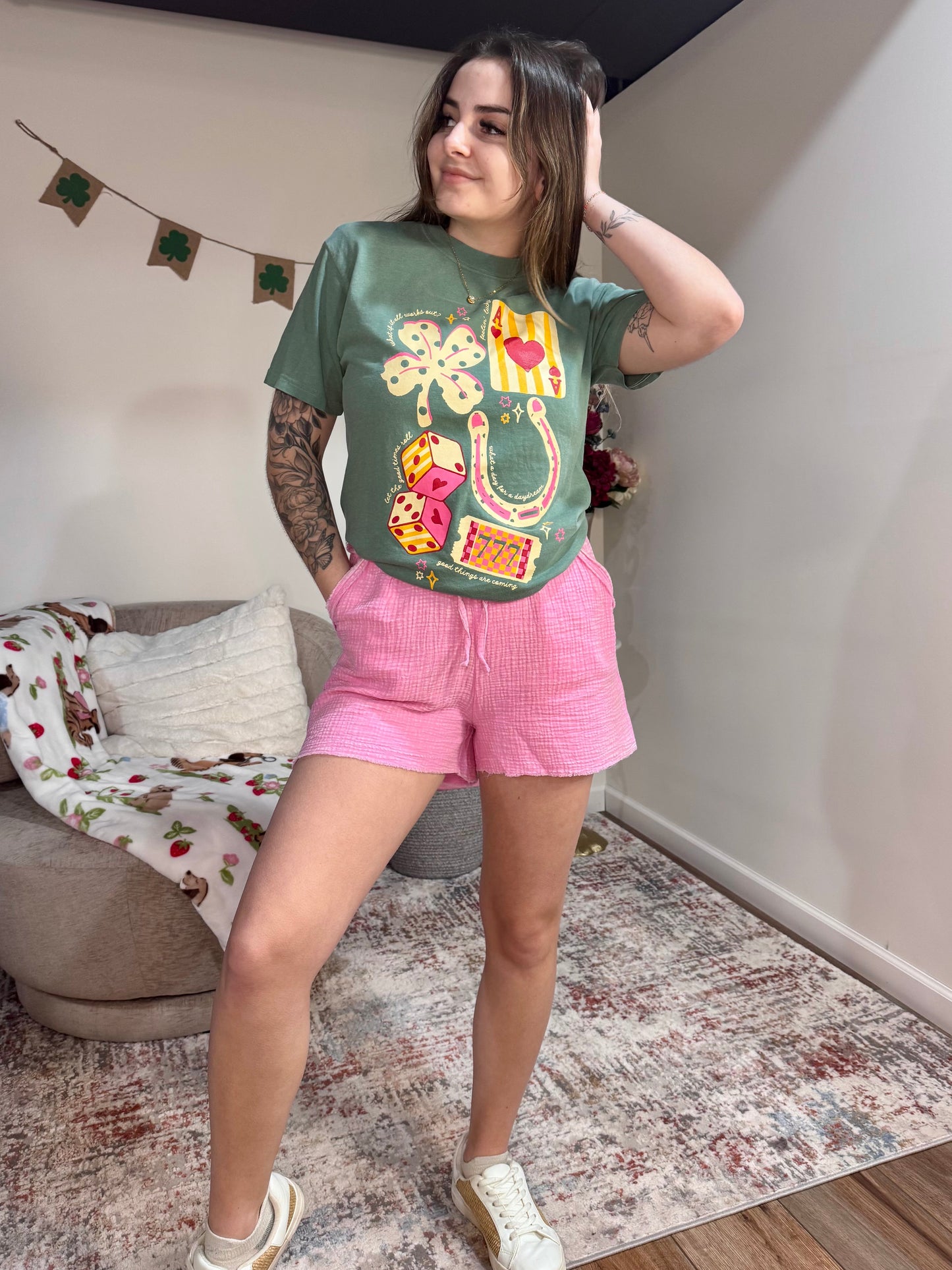  Washed Double Gauze Frayed Hem Shorts Candy Pink