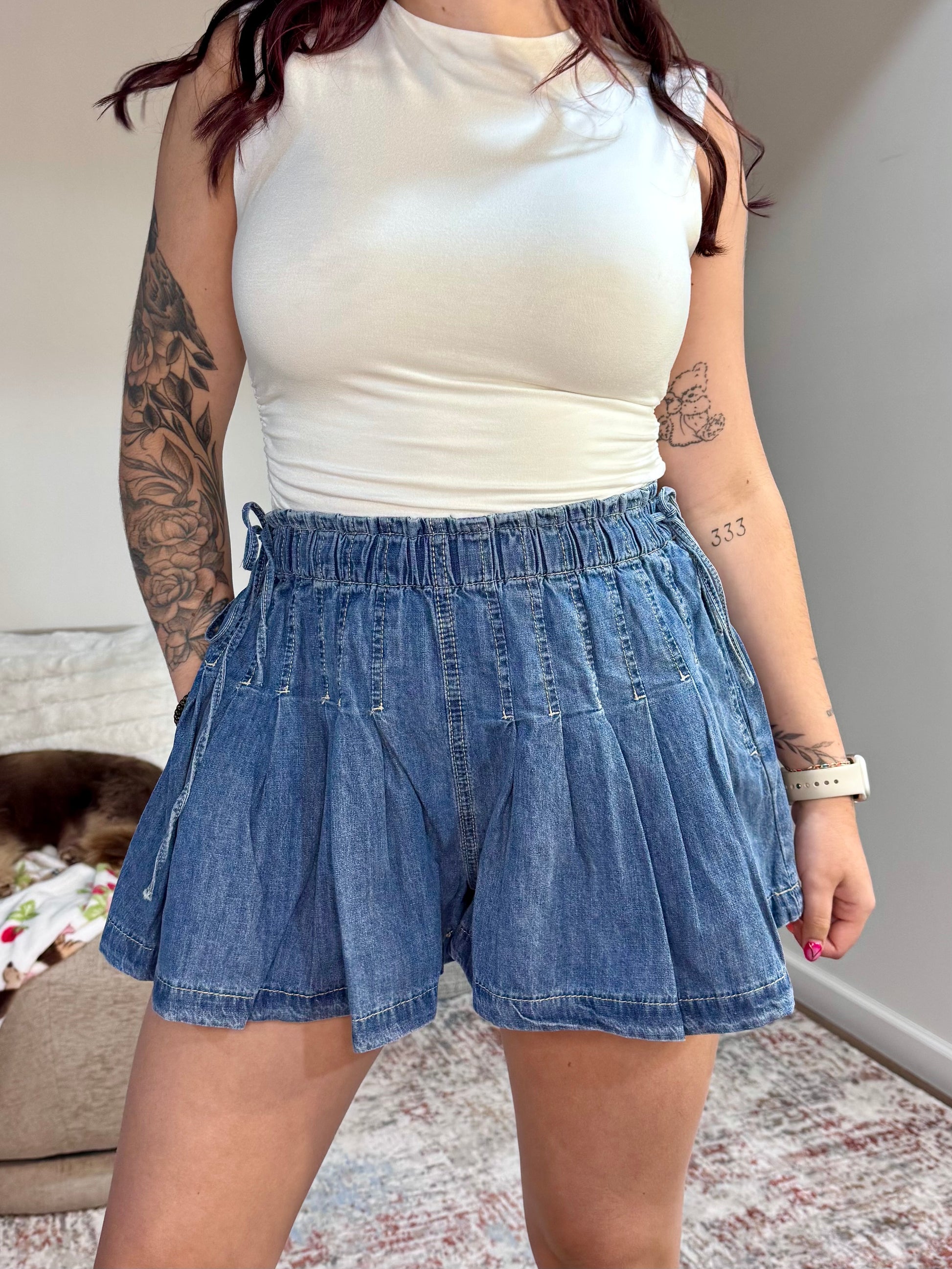 Paisley Pleated Denim Shorts with Elastic Waist