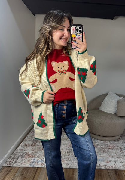 cream christmas tree cardigan teddy bear sweater