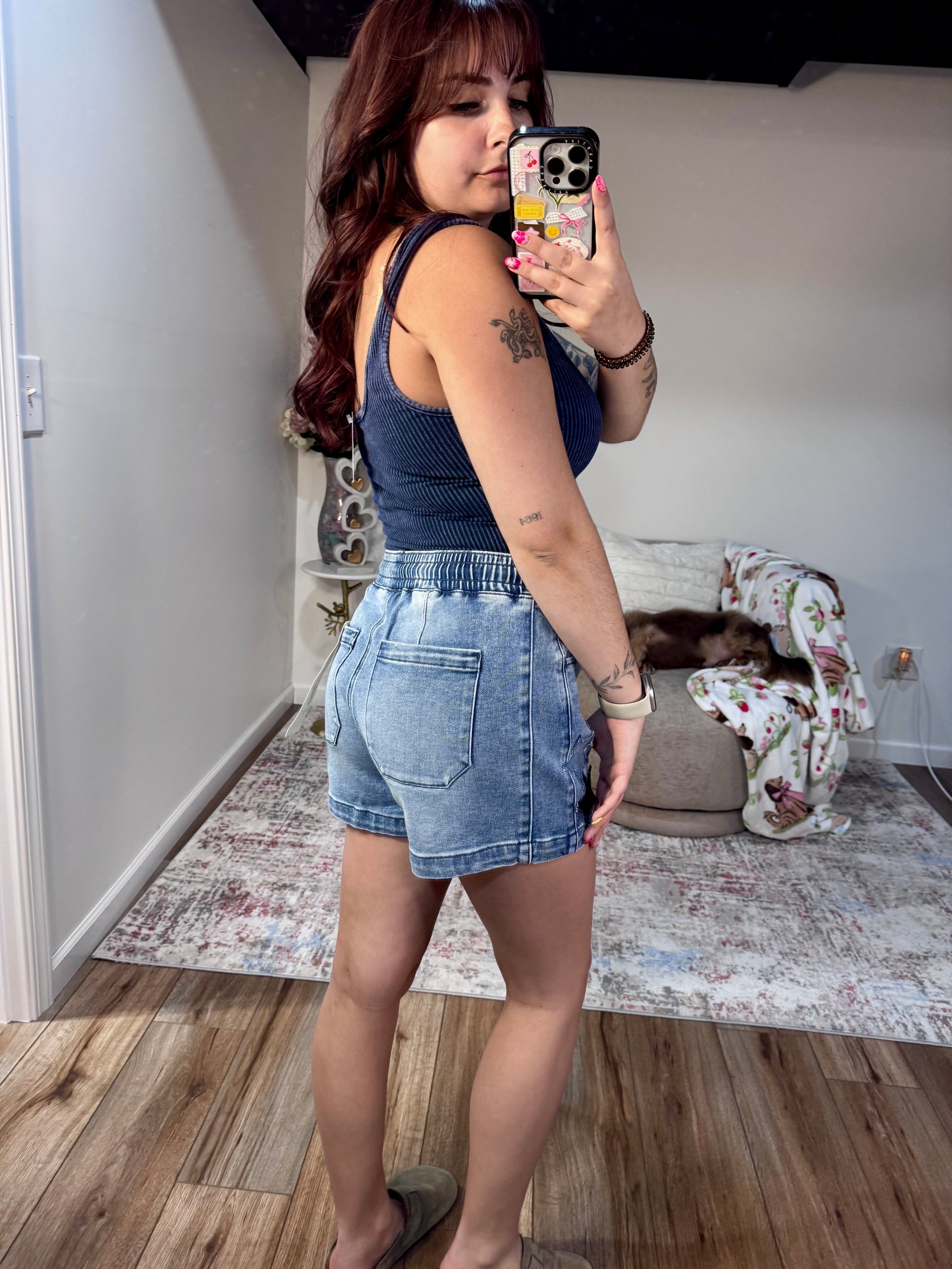 Slouchy denim shorts with star patch details and elastic drawstring waist