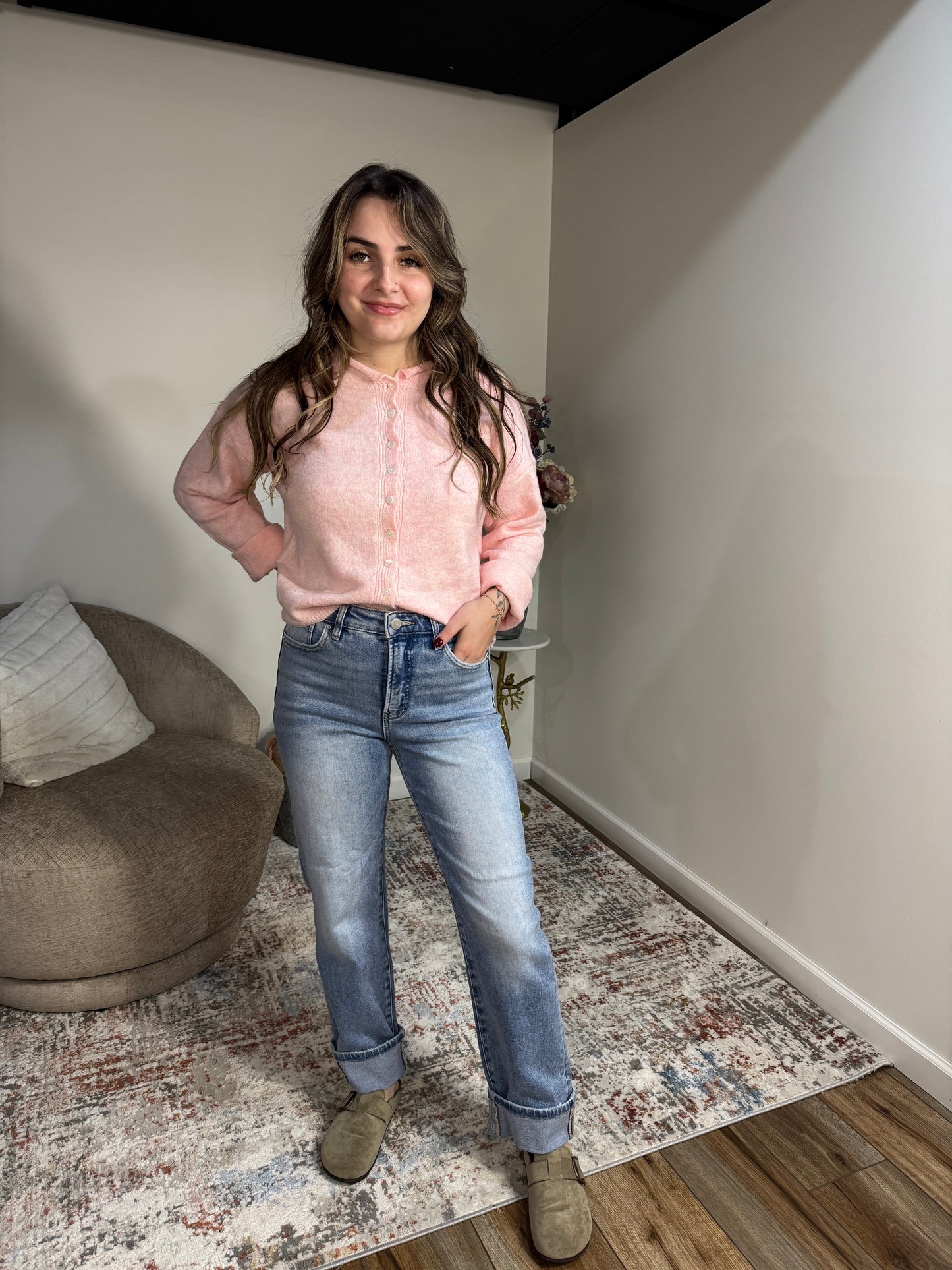 High Rise Straight Roll Up Jean With Tummy Control - Light Wash