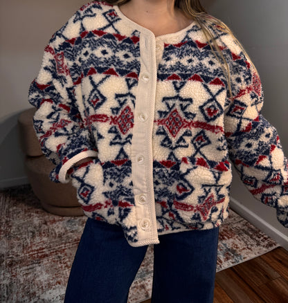 aztec tribal sherpa button up jacket nordic pattern