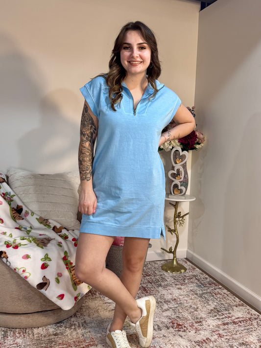 Half Zip Blue Terry Mini Sporty Dress with Pockets