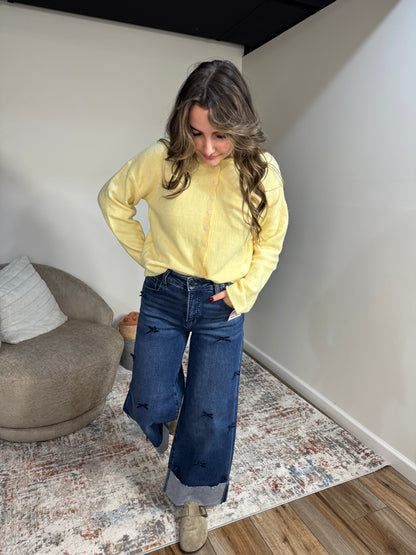 high rise wide leg cropped cuffed jeans with bows, butter yellow