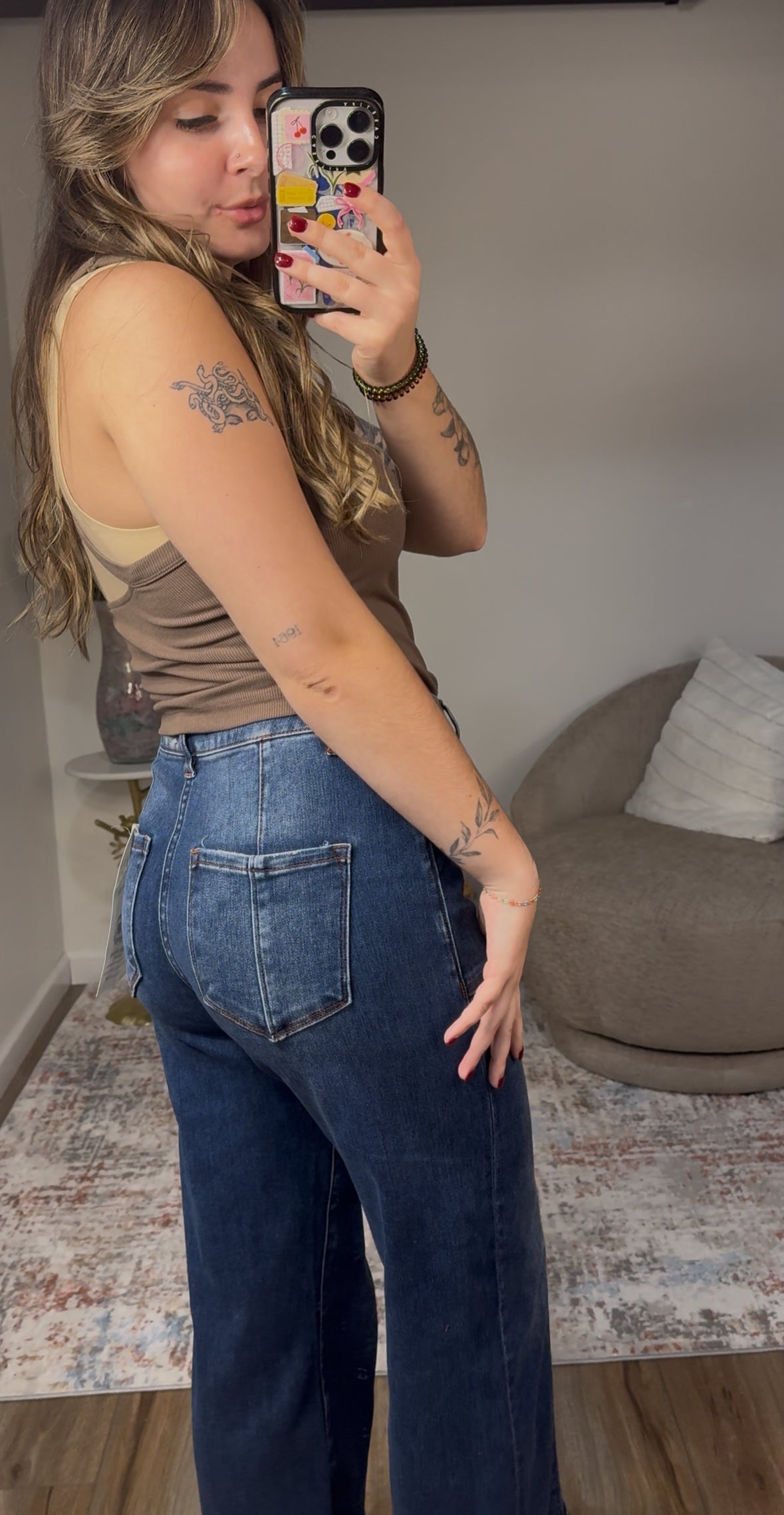 High Rise Wide Straight Cuffed Jeans Dark Wash button fly