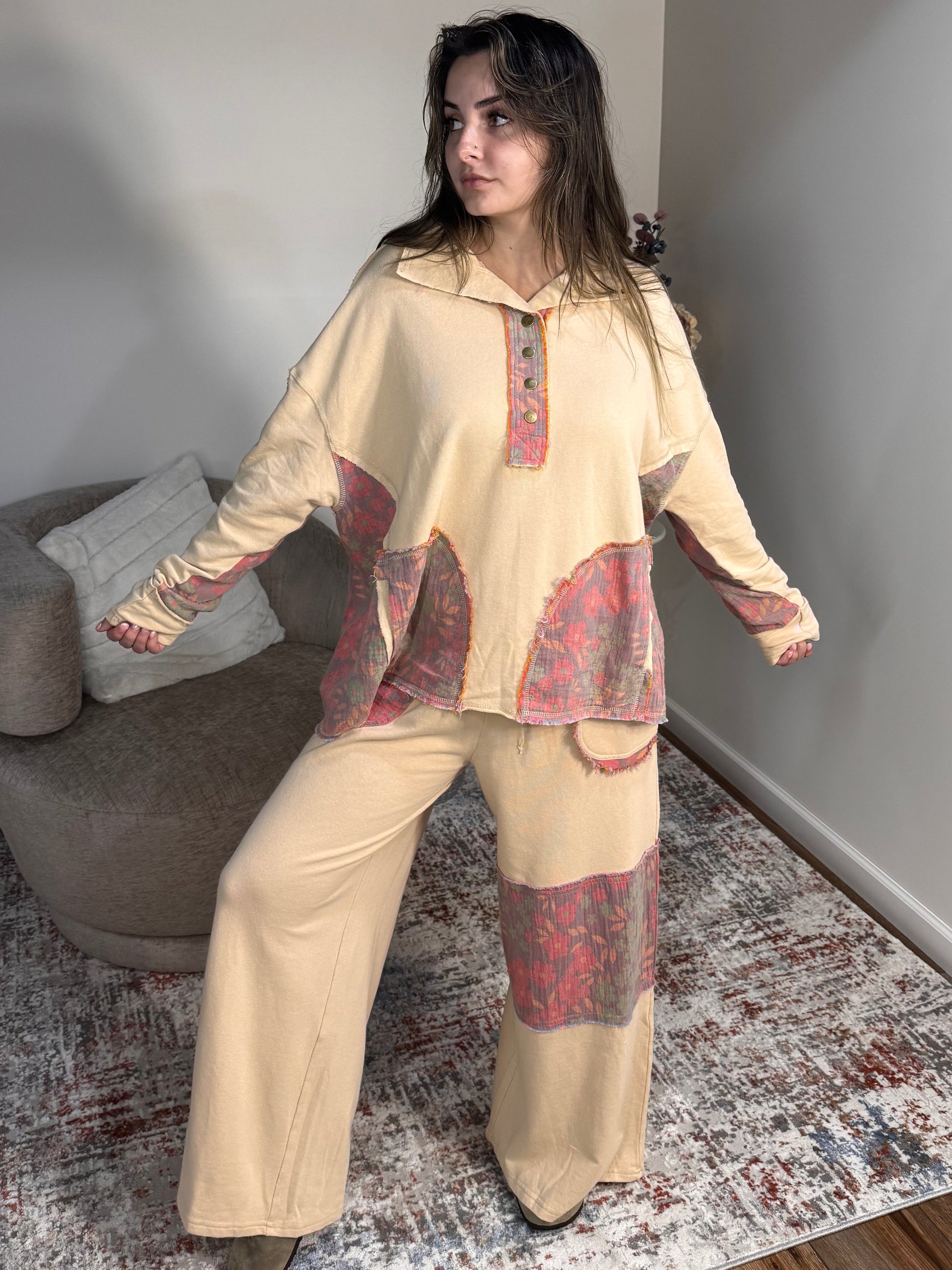 floral mineral washed gauze patchwork terry knit lounge set