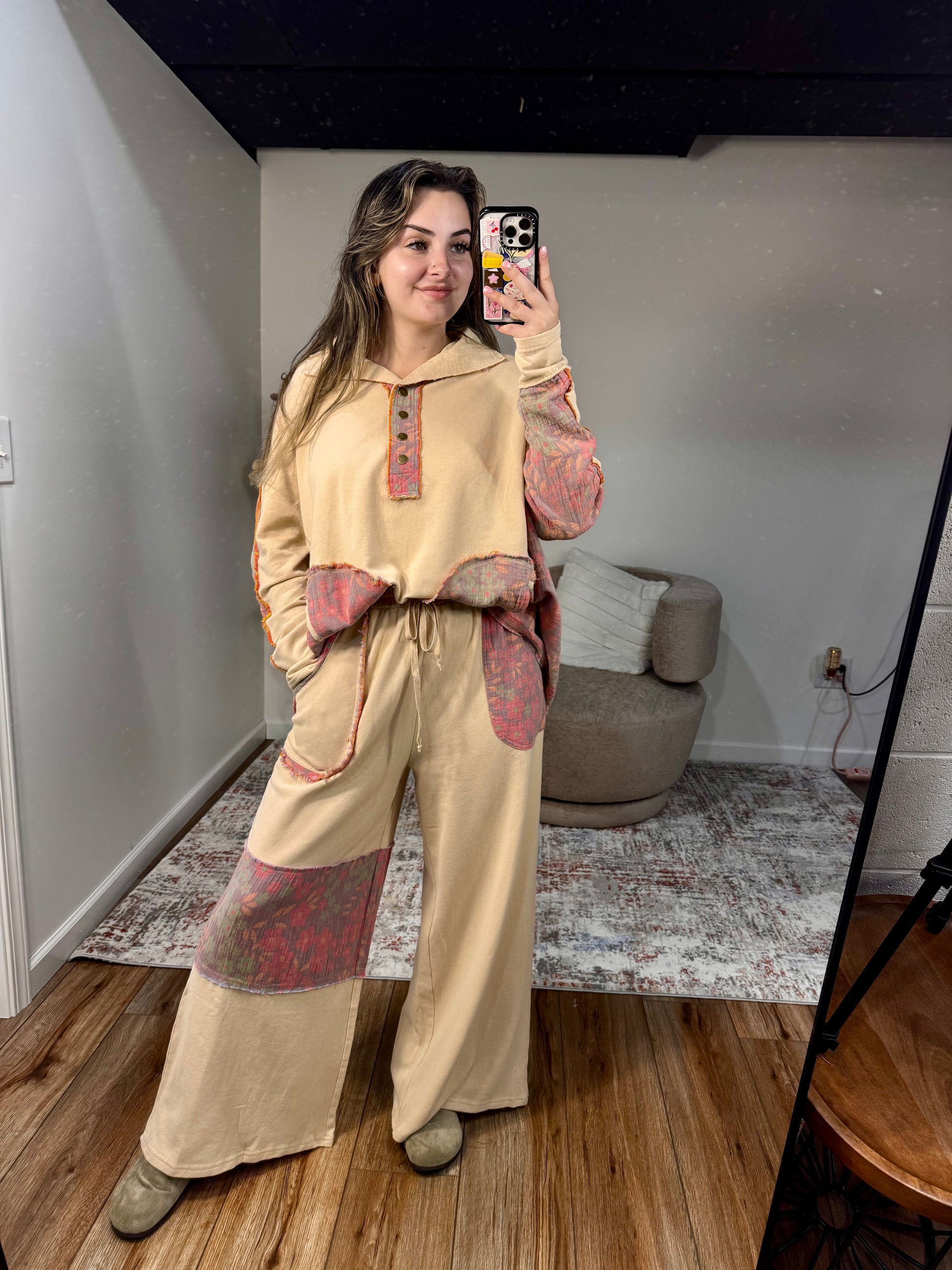 floral mineral washed gauze patchwork terry knit lounge set