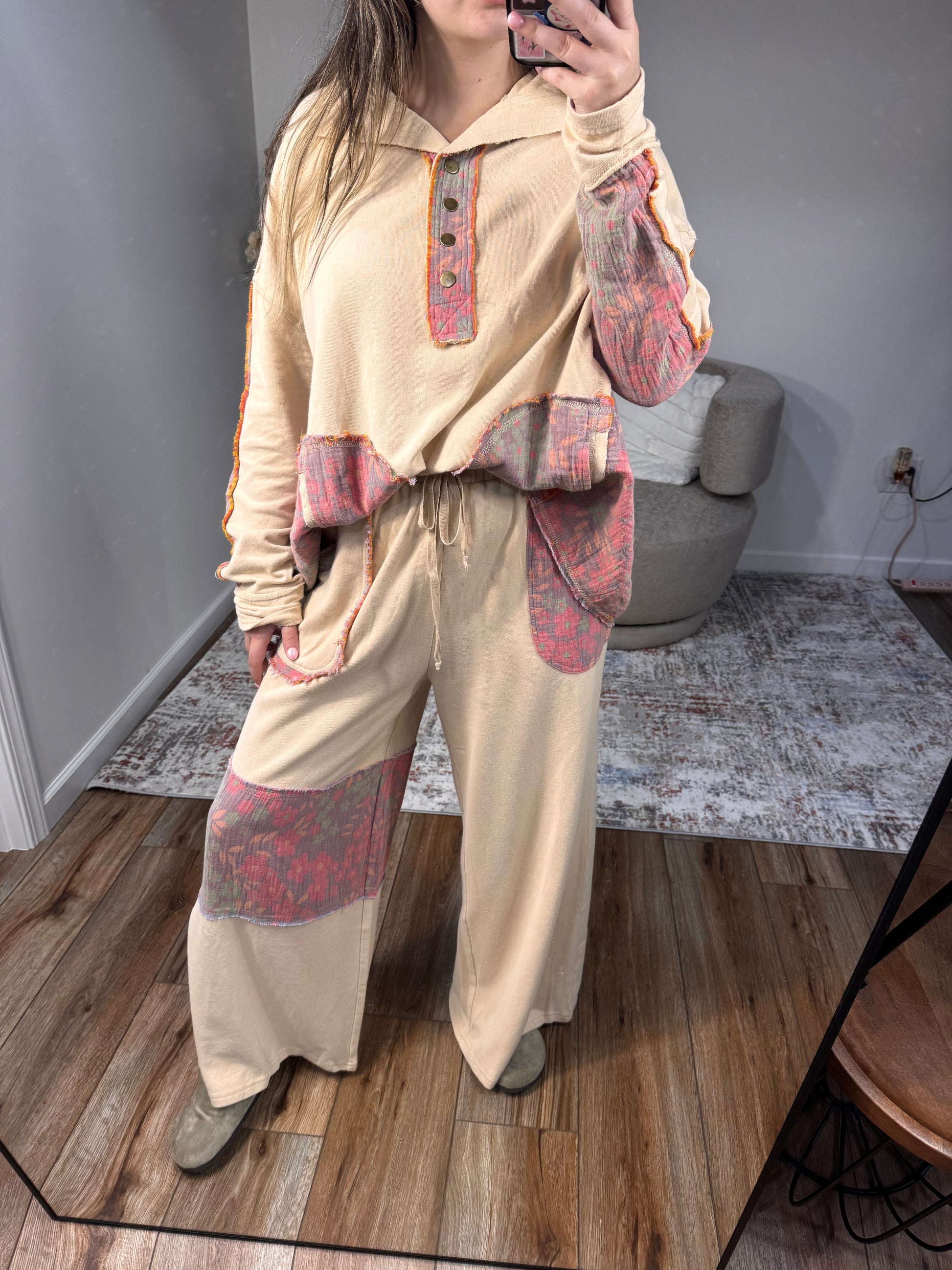 floral mineral washed gauze patchwork terry knit lounge set