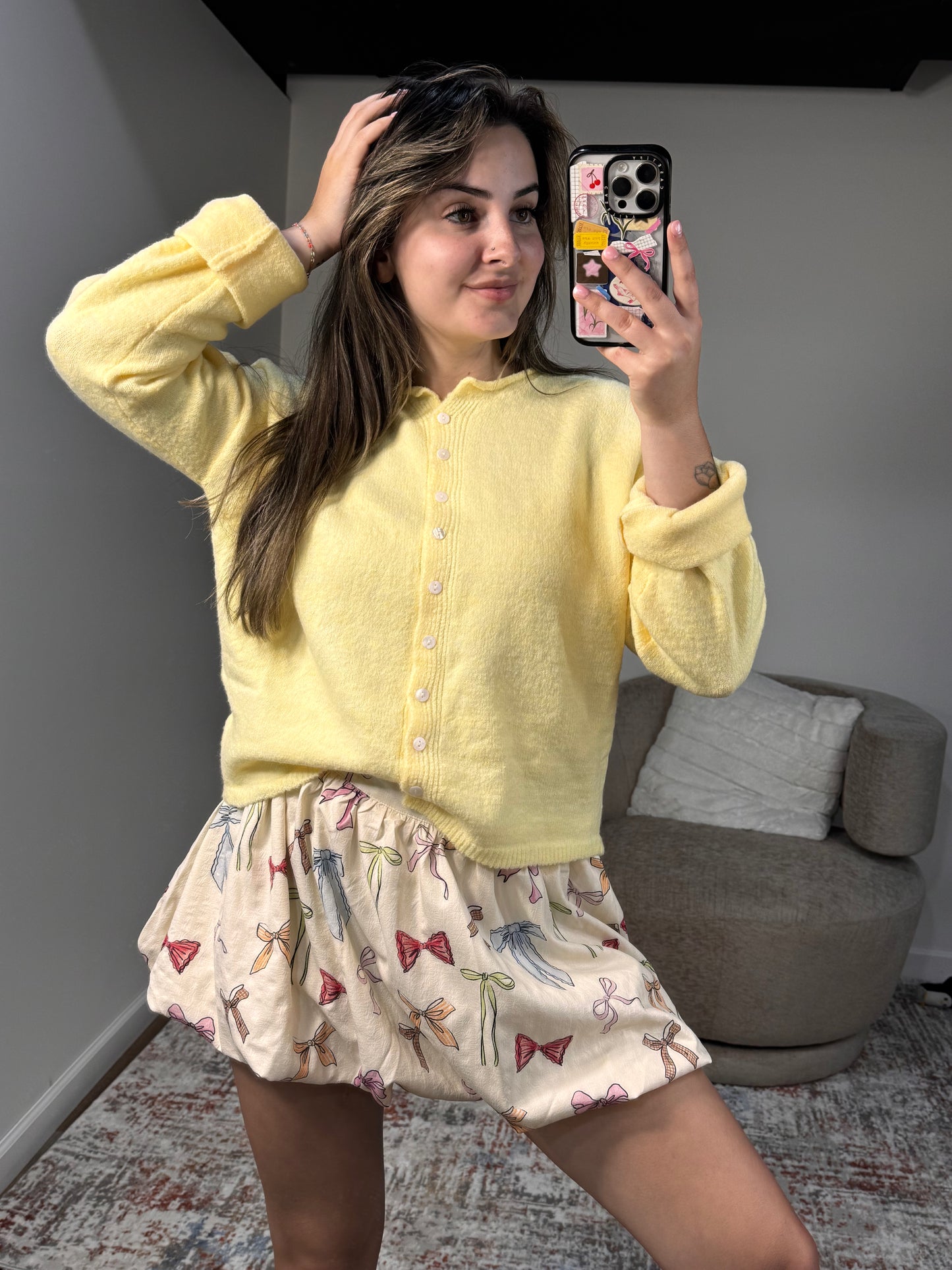 butter yellow cardigan bubble skirt