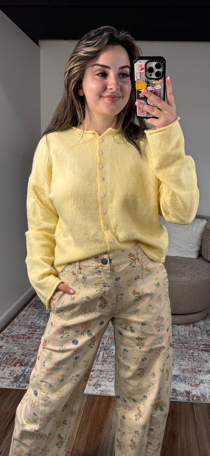 butter yellow cardigan floral barrel leg pants