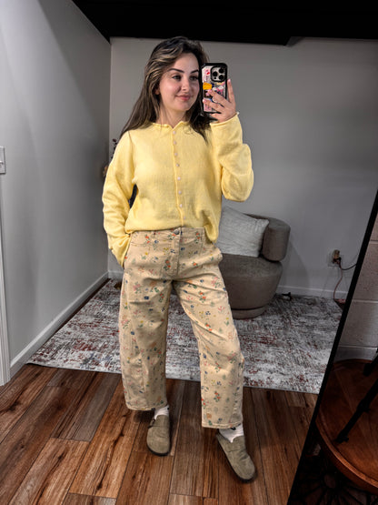 butter yellow soft women's cardigan floral khaki fall barrel pants