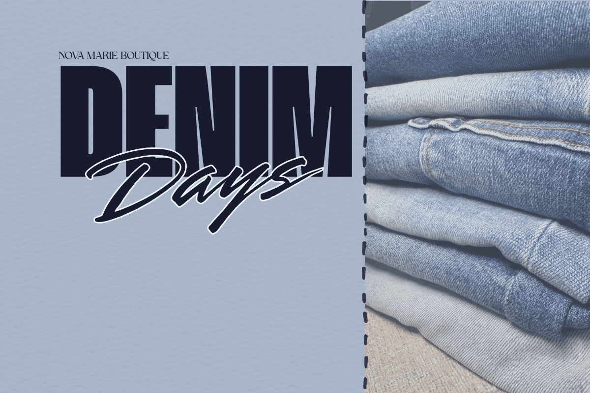 Stack of denim jeans with 'Denim Days' text on a light blue background