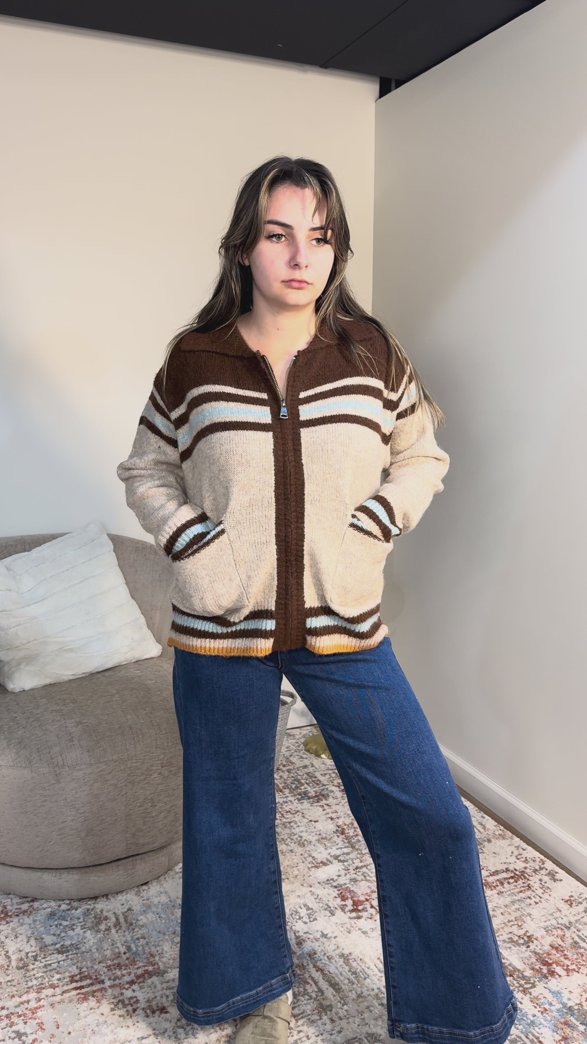 western graphic zipped cardigan chocolate fall fashion