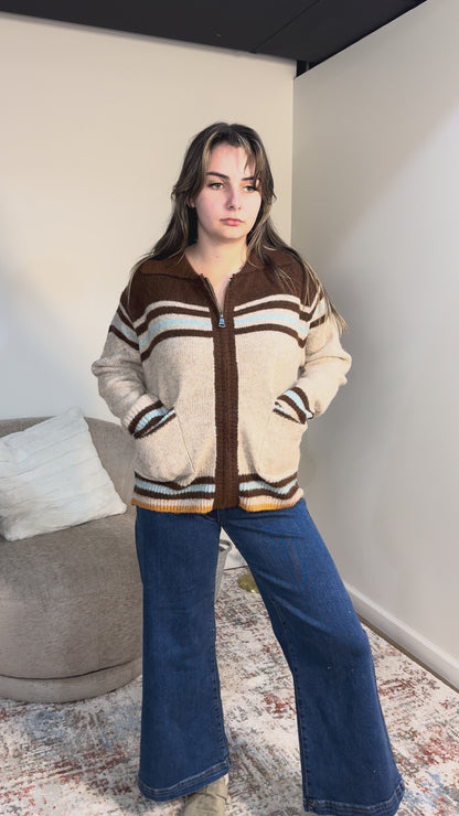 western graphic zipped cardigan chocolate fall fashion