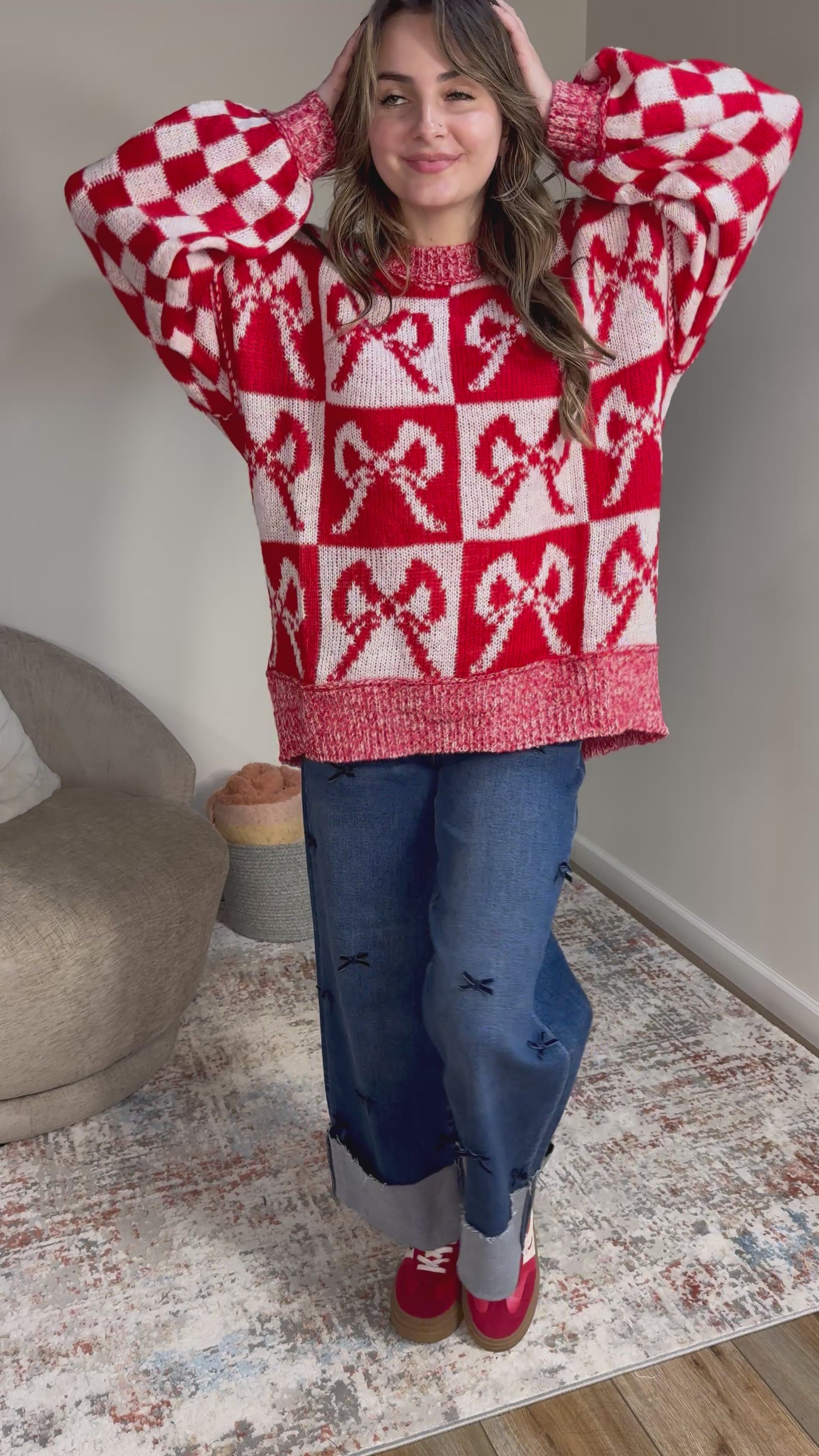 Oversized Sweater with Bow & Checkered Pattern