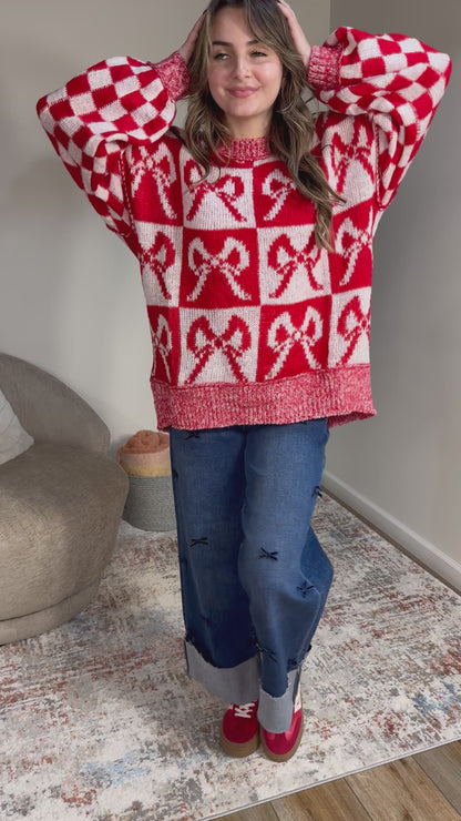 Oversized Sweater with Bow & Checkered Pattern