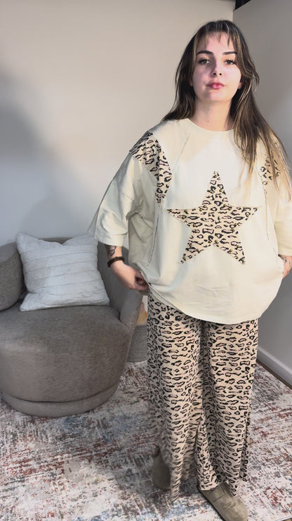 cheetah print terry knit set wide leg sweatpants