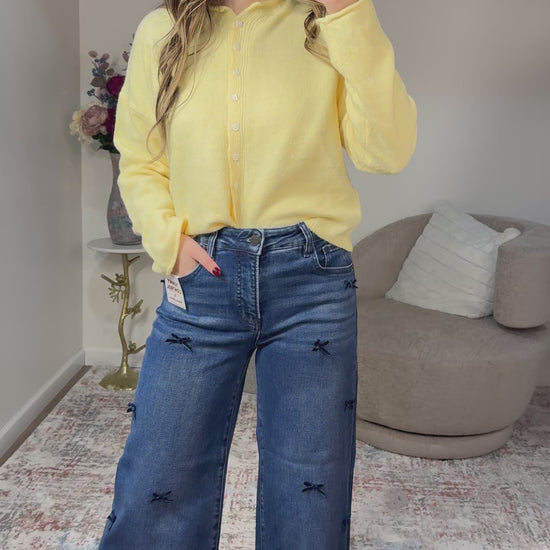 high rise wide leg cropped cuffed jeans with bows 