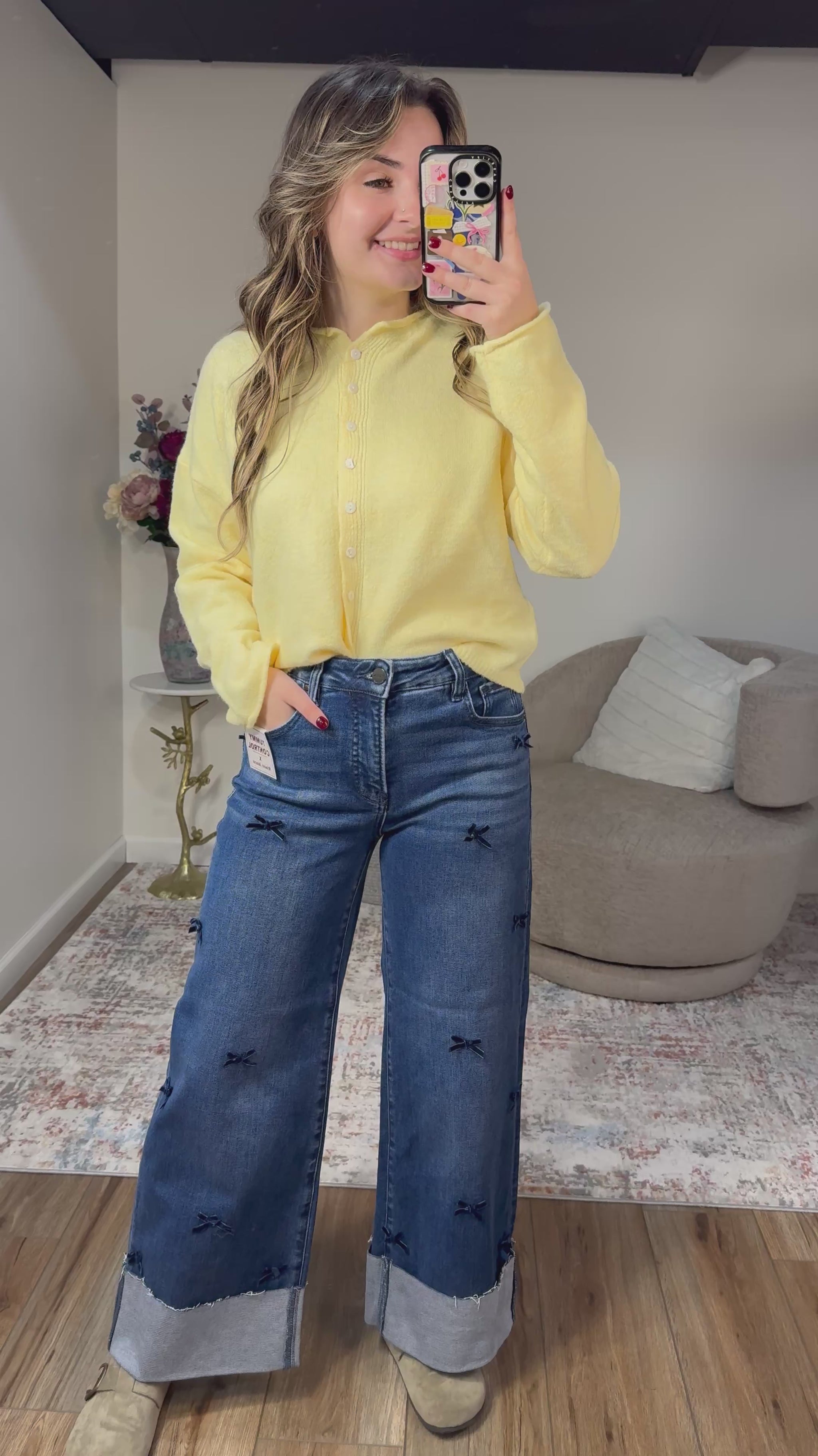 high rise wide leg cropped cuffed jeans with bows 
