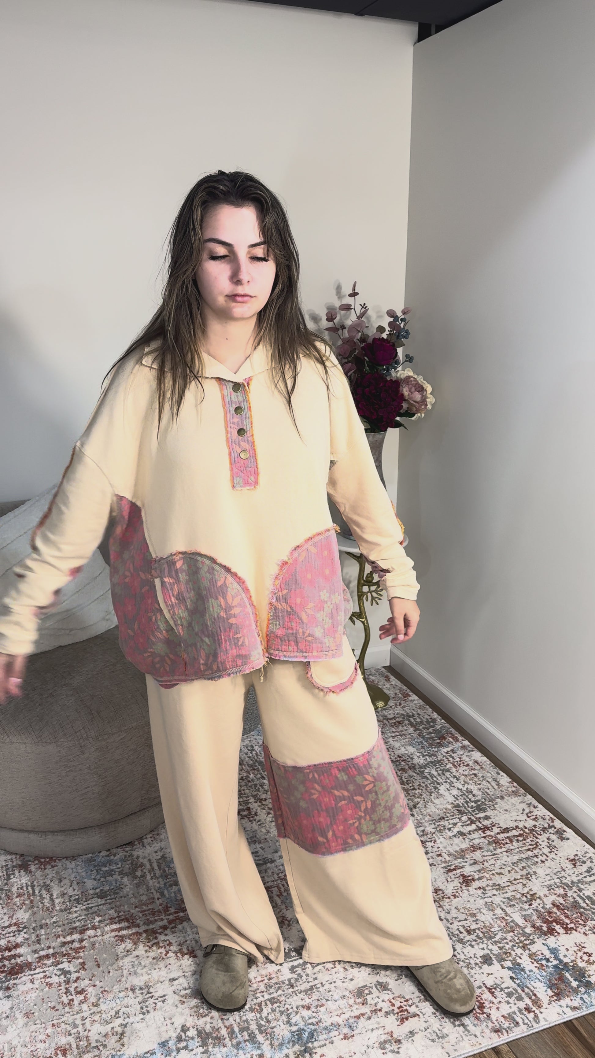 floral mineral washed gauze patchwork terry knit lounge set