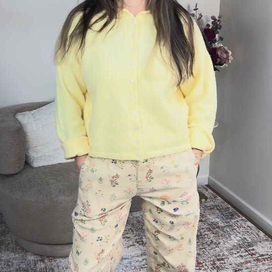 butter yellow cardigan floral jeans 