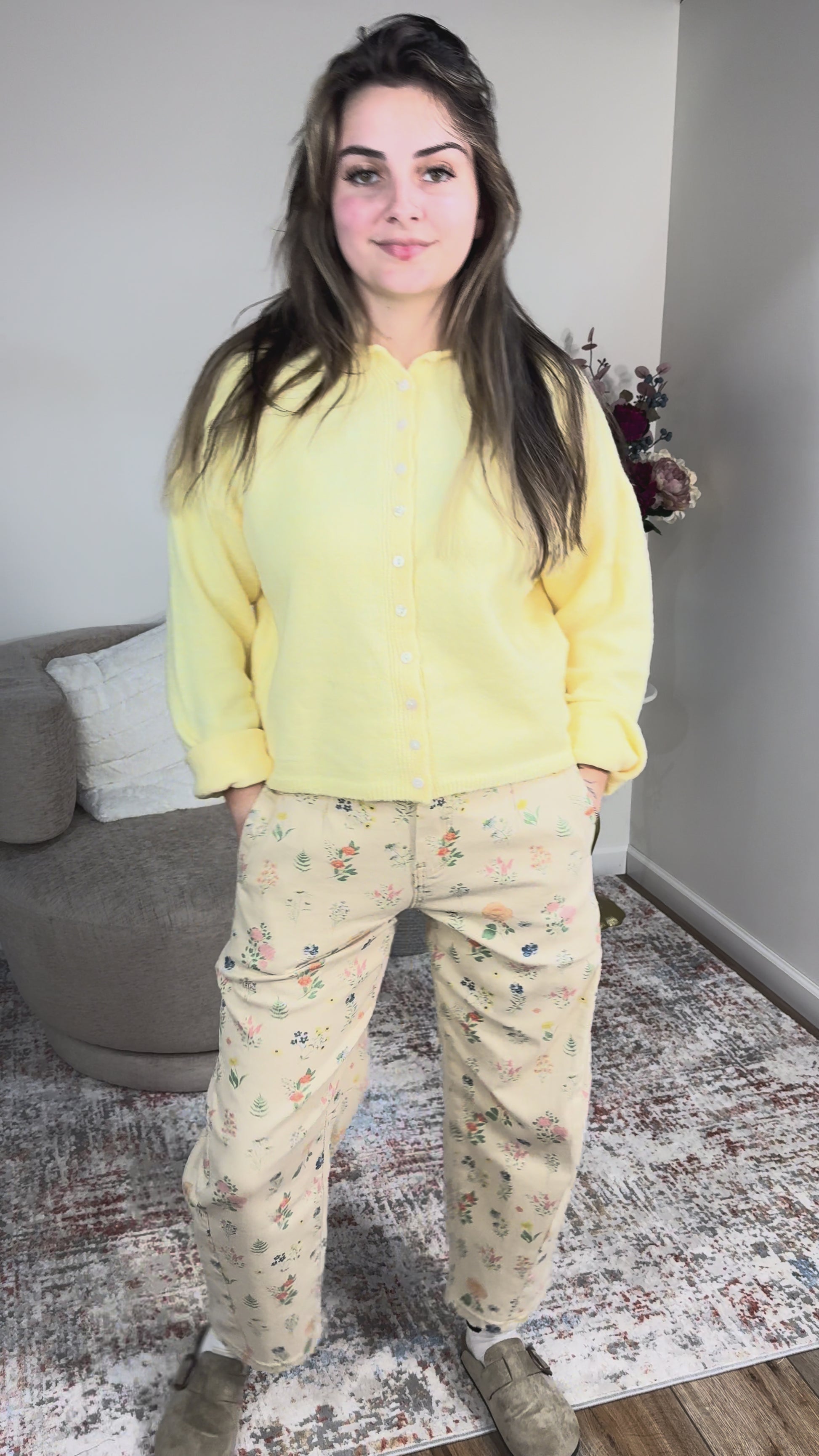 butter yellow cardigan floral jeans 