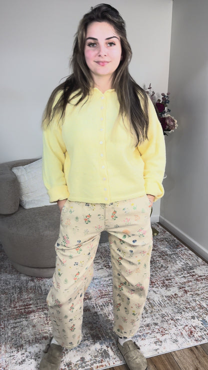 butter yellow cardigan floral jeans 