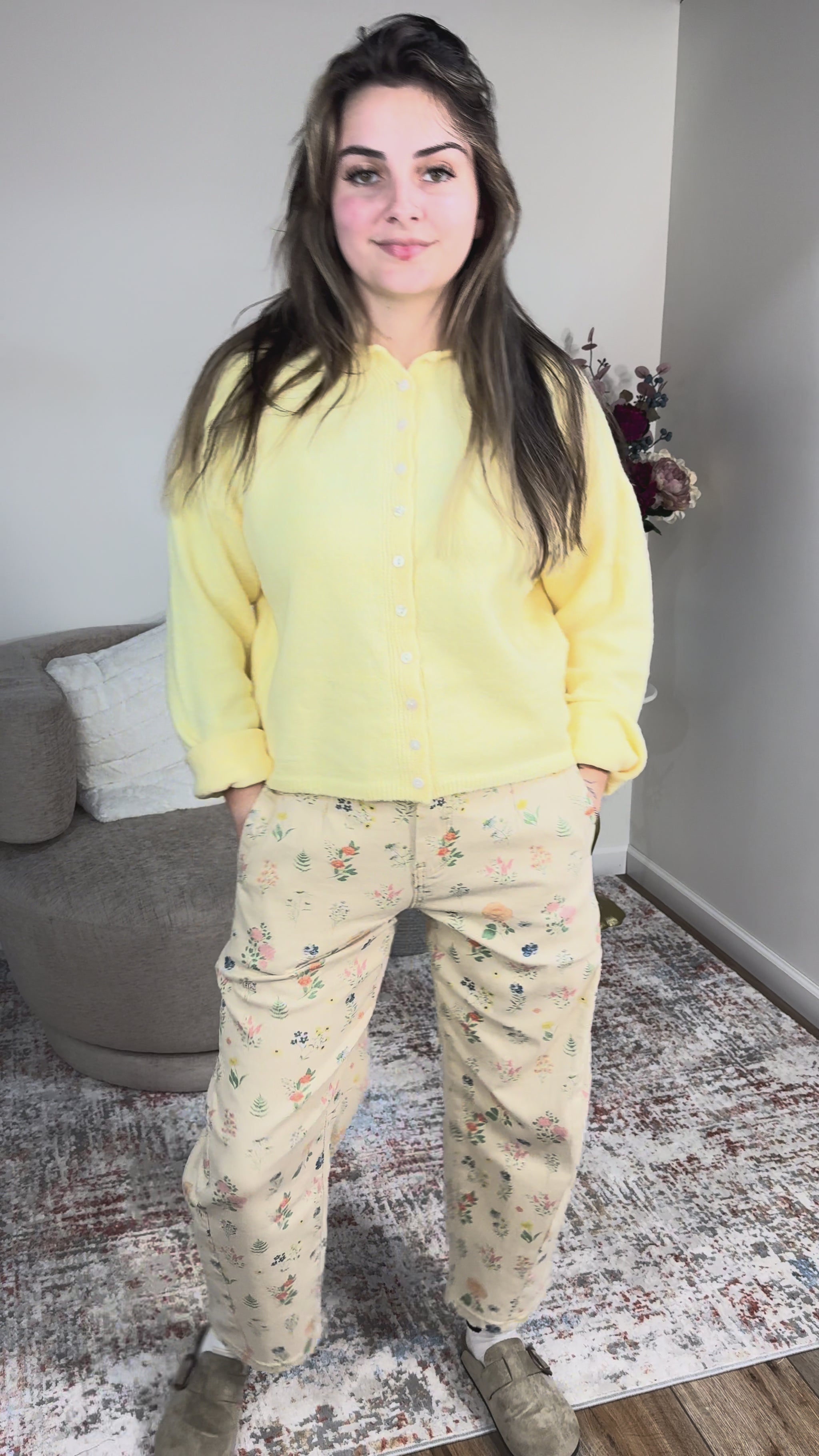 butter yellow cardigan floral jeans 