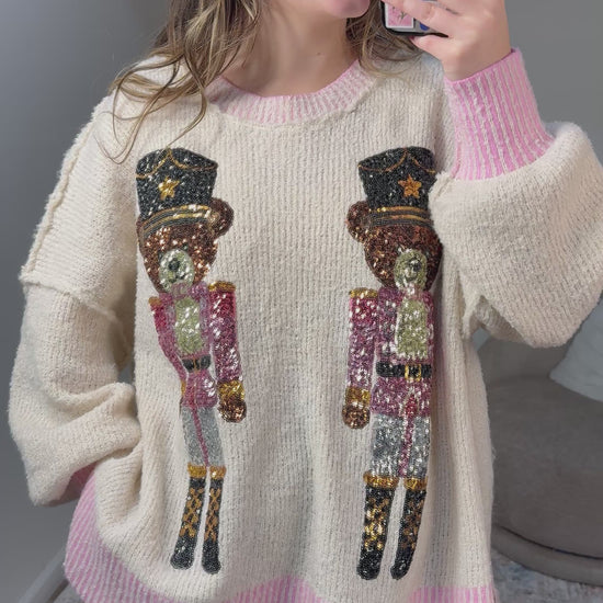 cream teddy bear sequin sweater pink slub knit christmas nutcracker