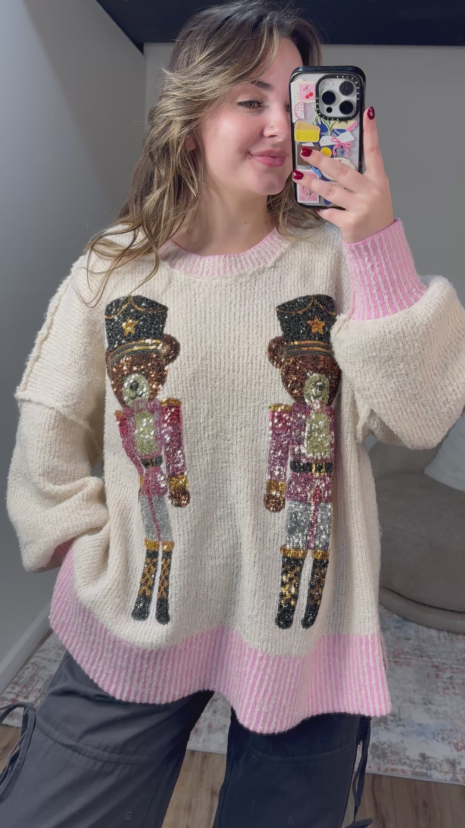 cream teddy bear sequin sweater pink slub knit christmas nutcracker