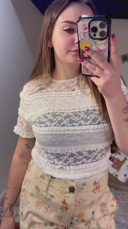 Stretch Frill Lace Short Sleeve Knit Top