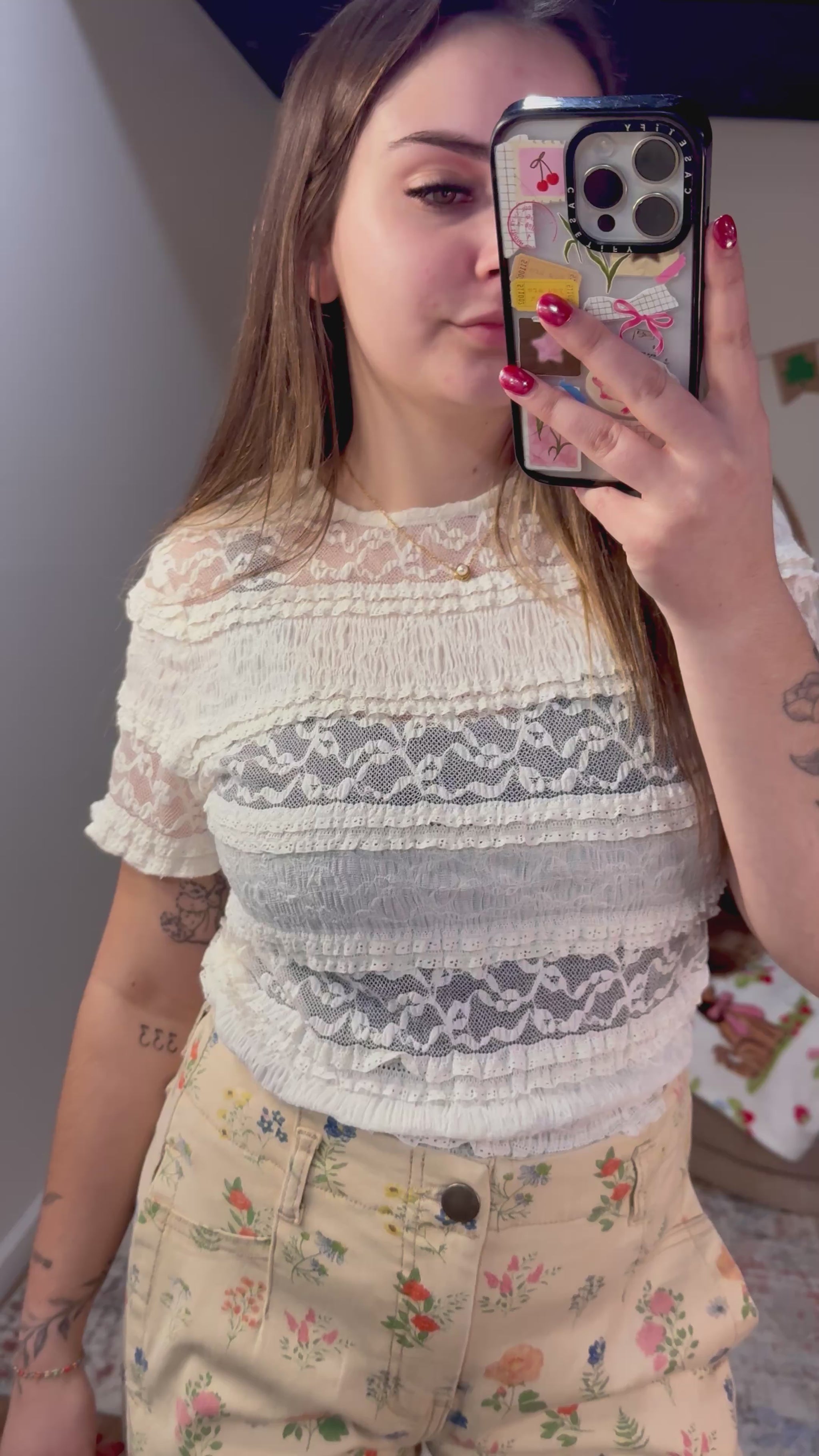 Stretch Frill Lace Short Sleeve Knit Top