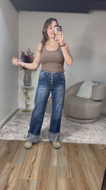 high rise wide leg long inseam dark wash jeans button fly cuffed