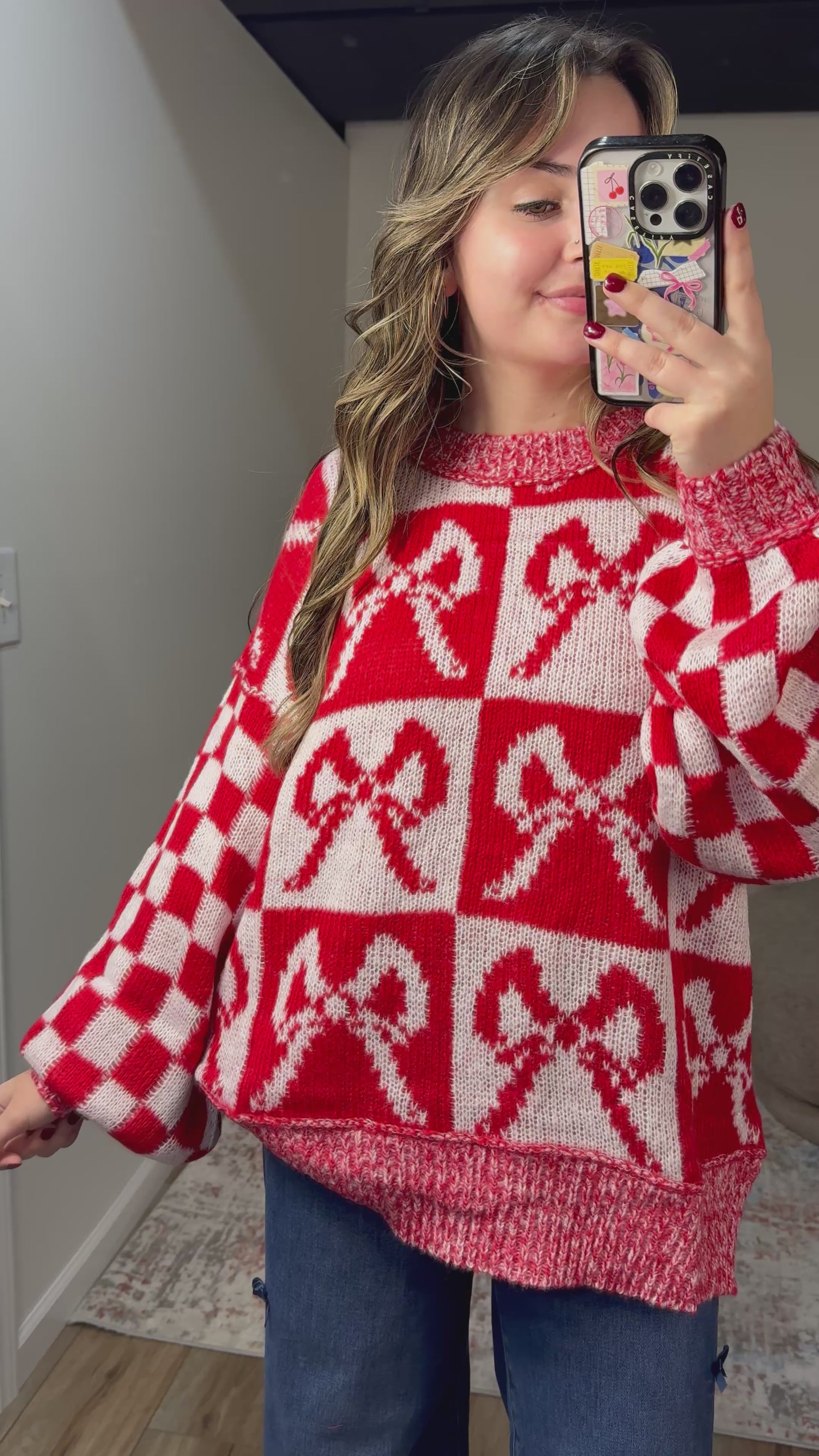 Oversized Sweater with Bow & Checkered Pattern