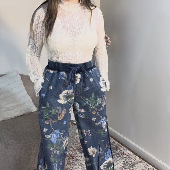 floral denim elastic waist wide leg