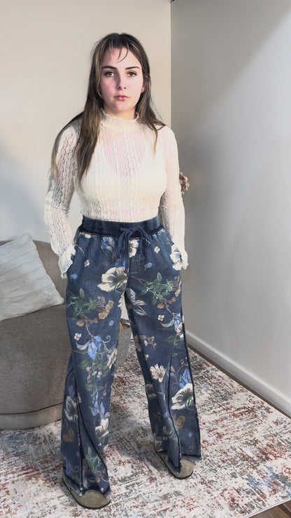 floral denim elastic waist wide leg