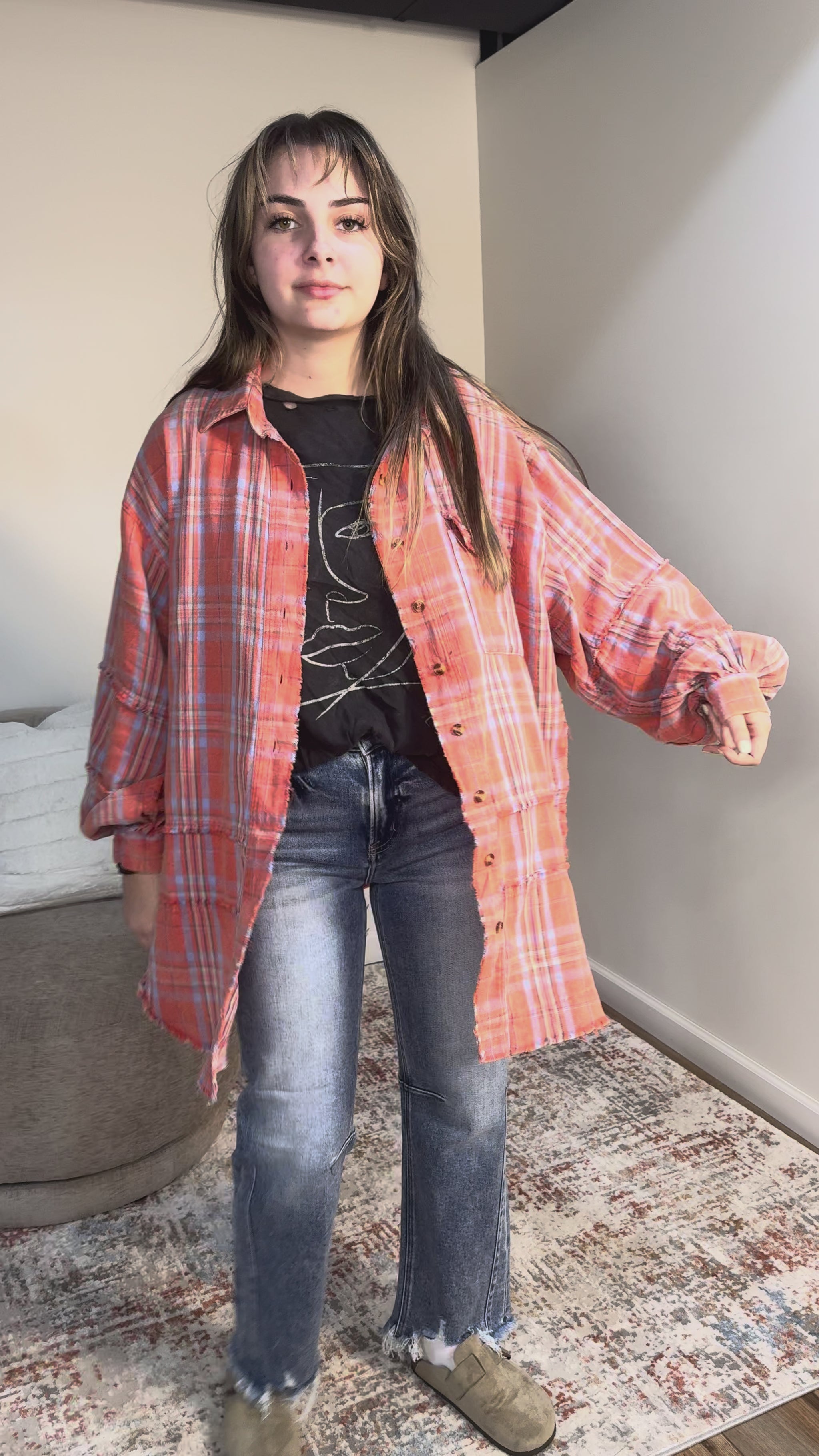 trendy oversized orange coral flannel fall