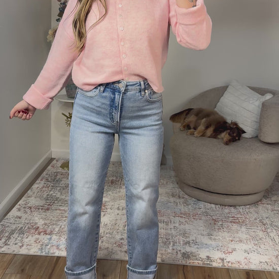 High Rise Straight Roll Up Jean With Tummy Control - Light Wash