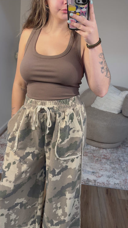 Kasey Camo Print Washed Terry Knit Pants