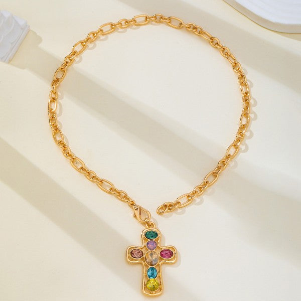 Multi-colored Crystal Cross Necklace, Gold