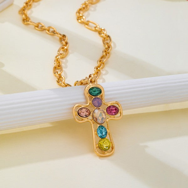 Multi-colored Crystal Cross Necklace, Gold