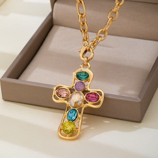 Multi-colored Crystal Cross Necklace, Gold