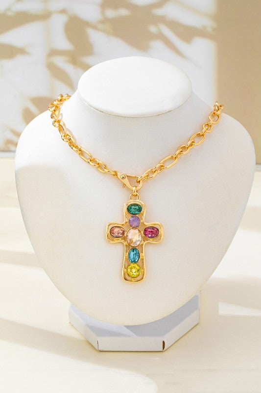 Multi-colored Crystal Cross Necklace, Gold