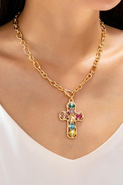Multi-colored Crystal Cross Necklace, Gold